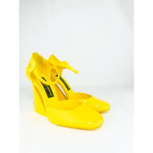 Dolce & Gabbana DG Logo Patent Leather Wedge Pumps Yellow CD1668 38.5